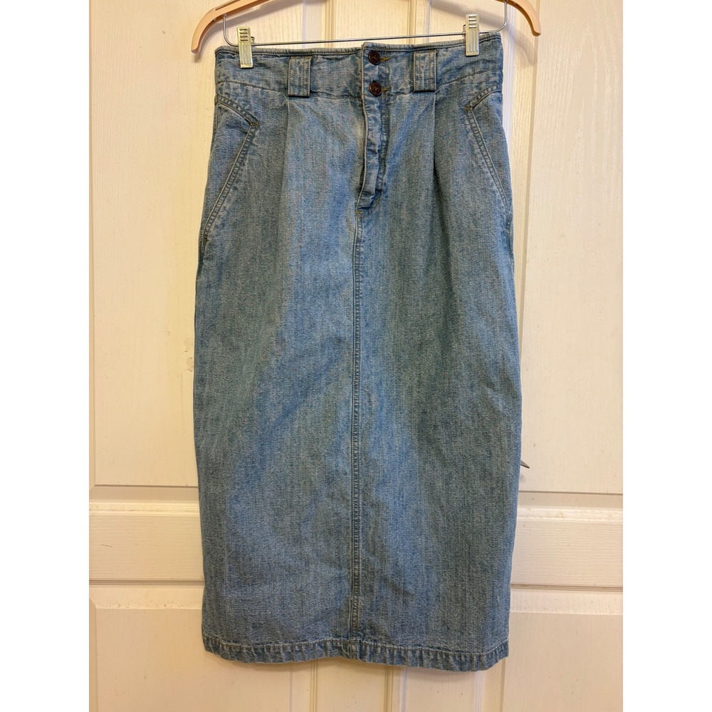 Vintage‎ ILGWU Made in USA Denim Midi Skirt Light Wash Pleated High Waist Sz 10